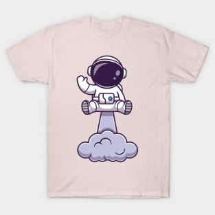 Astronaut Launching On Space And Waving Hand Cartoon T-Shirt